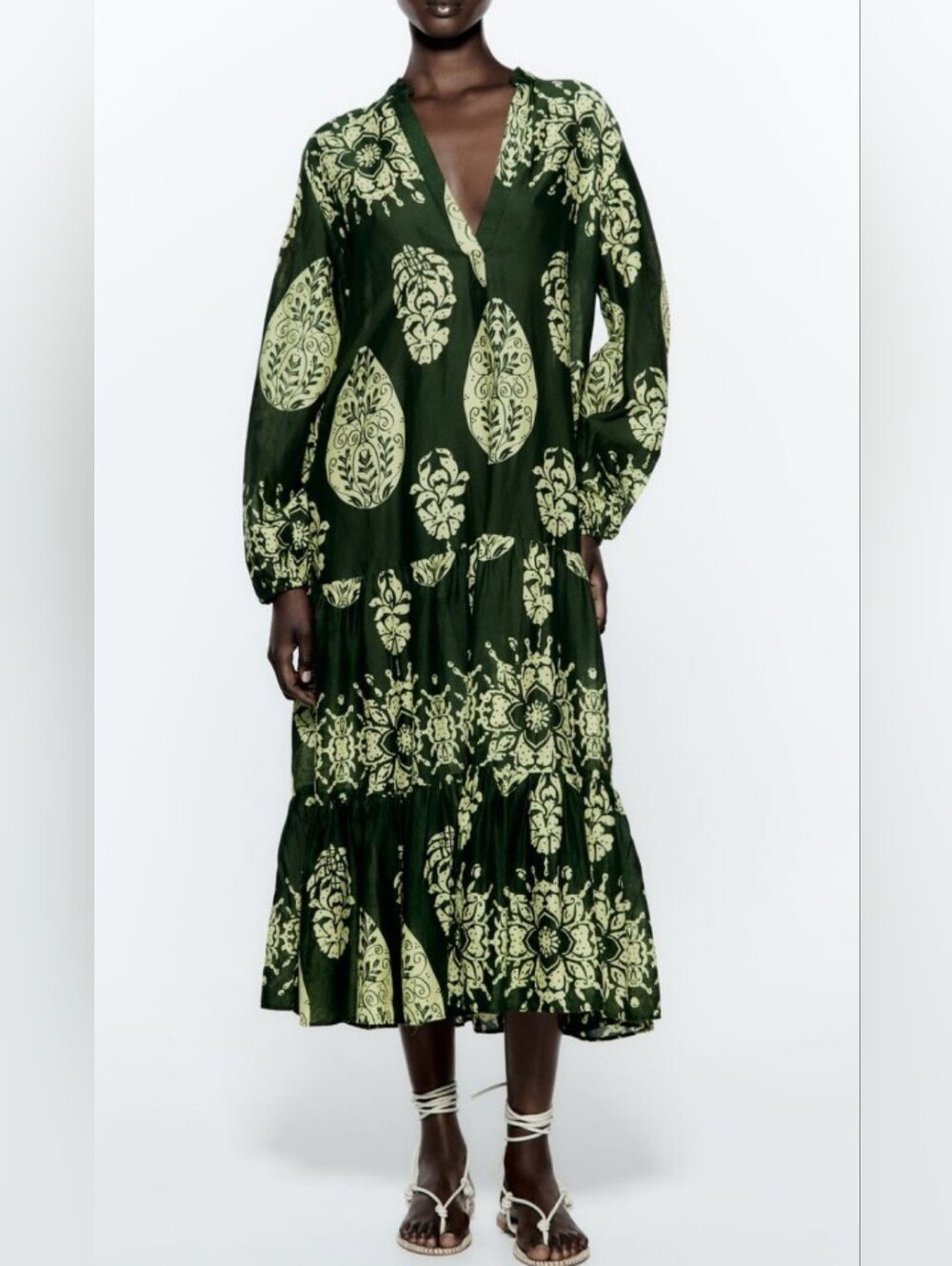 Zara Dark Green Printed V-Neck Tiered Maxi Dress